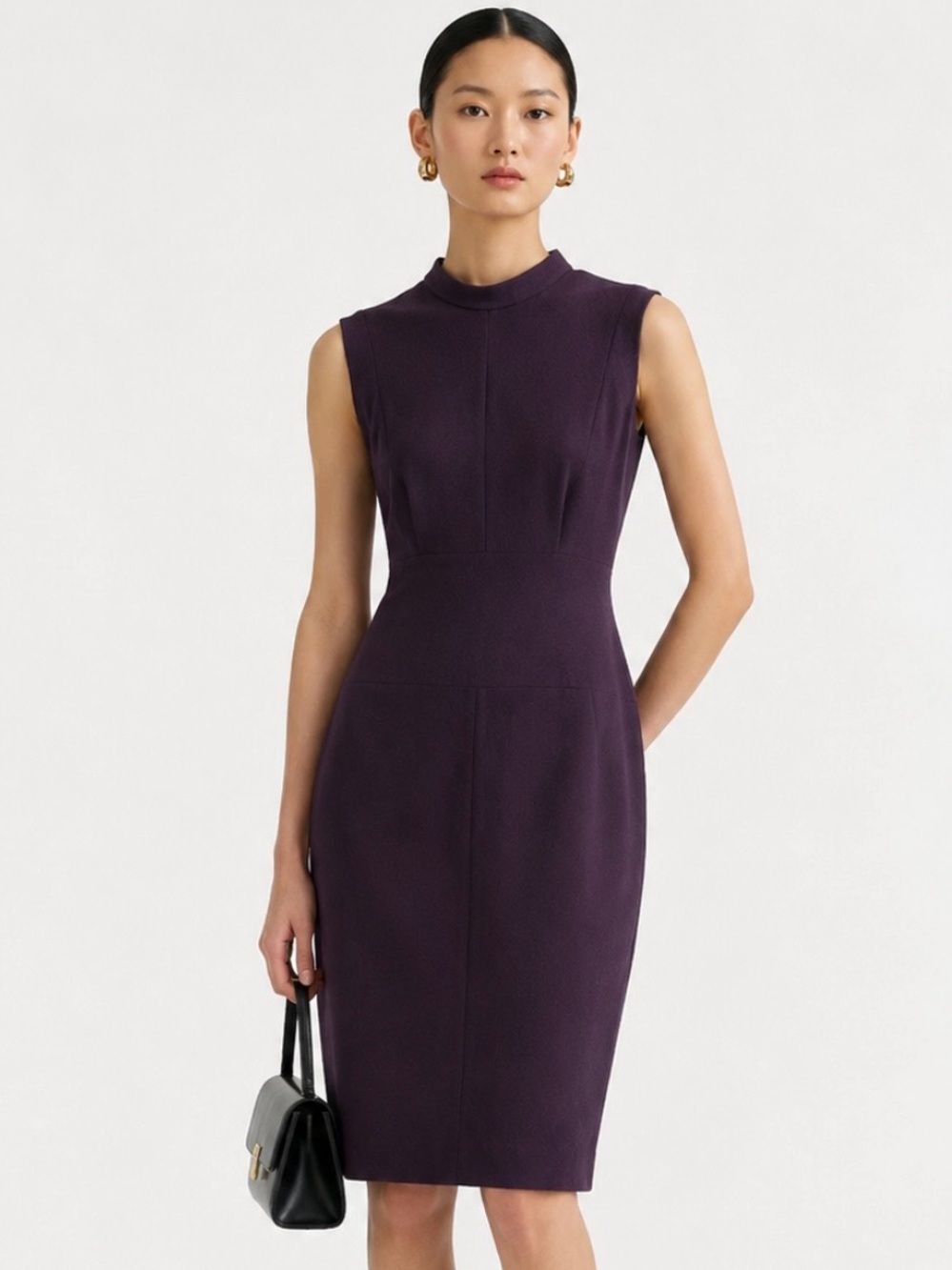 NARCISO RODRIQUEZ Minimalist Sleeveless Mock-Neck Wool Dress in Deep Plum